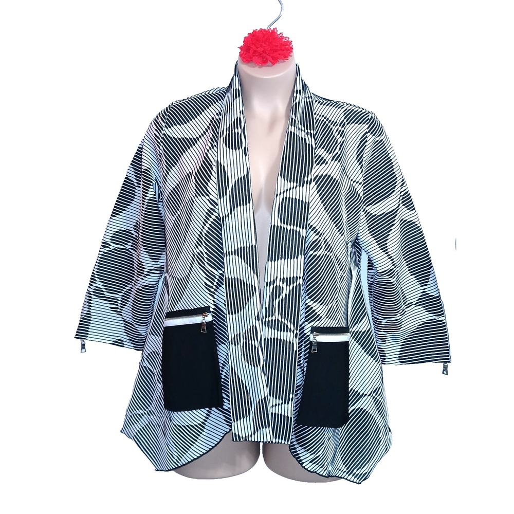 IC by Connie K Open Front Jacket Women XL Black White Geometric Avant Garde Art